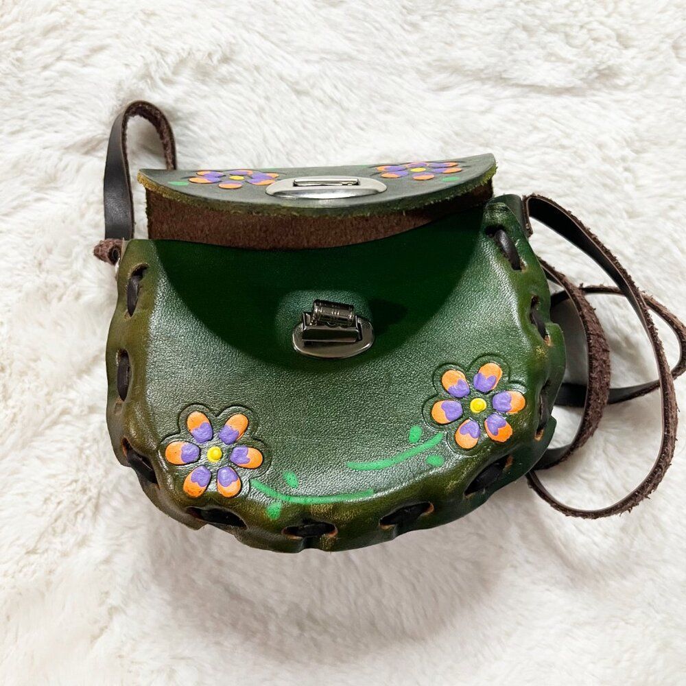 Made in Mexico Green Leather Floral Colorful Tooled Mini Crossbody Bag - Picture 9 of 15